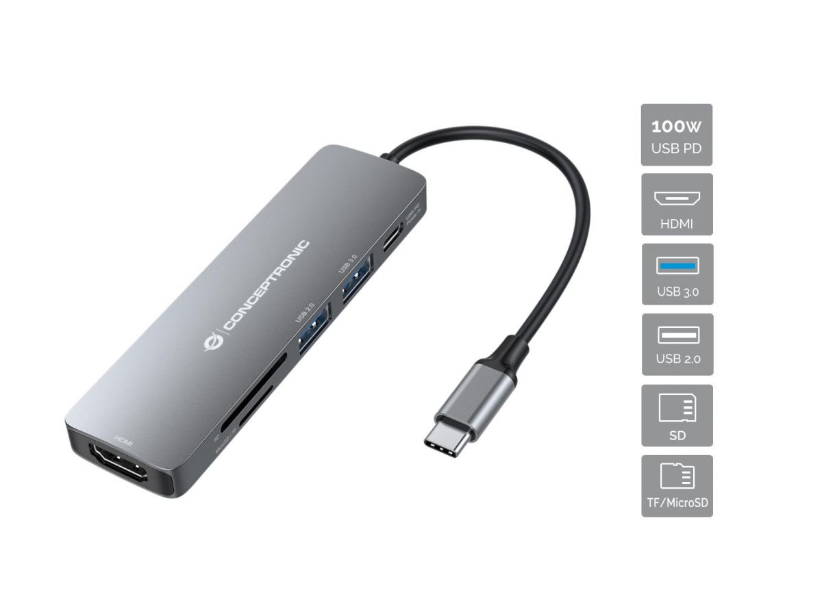 CONCEPTRONIC 6-1 Dock USB-C->HDMI/2xUSB-A/SD/TF/+ 15cm gr