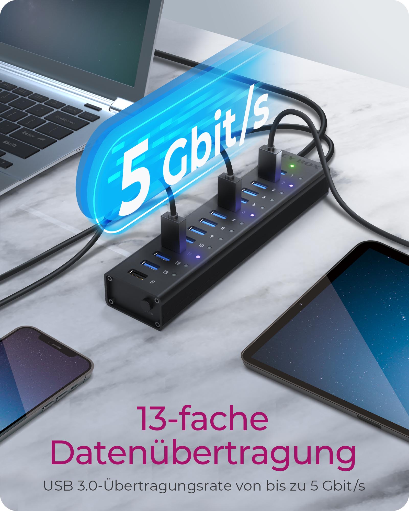 Hub 13-Port IcyBox USB 3.0 IB-AC6113 mit USB Ladeanschluss