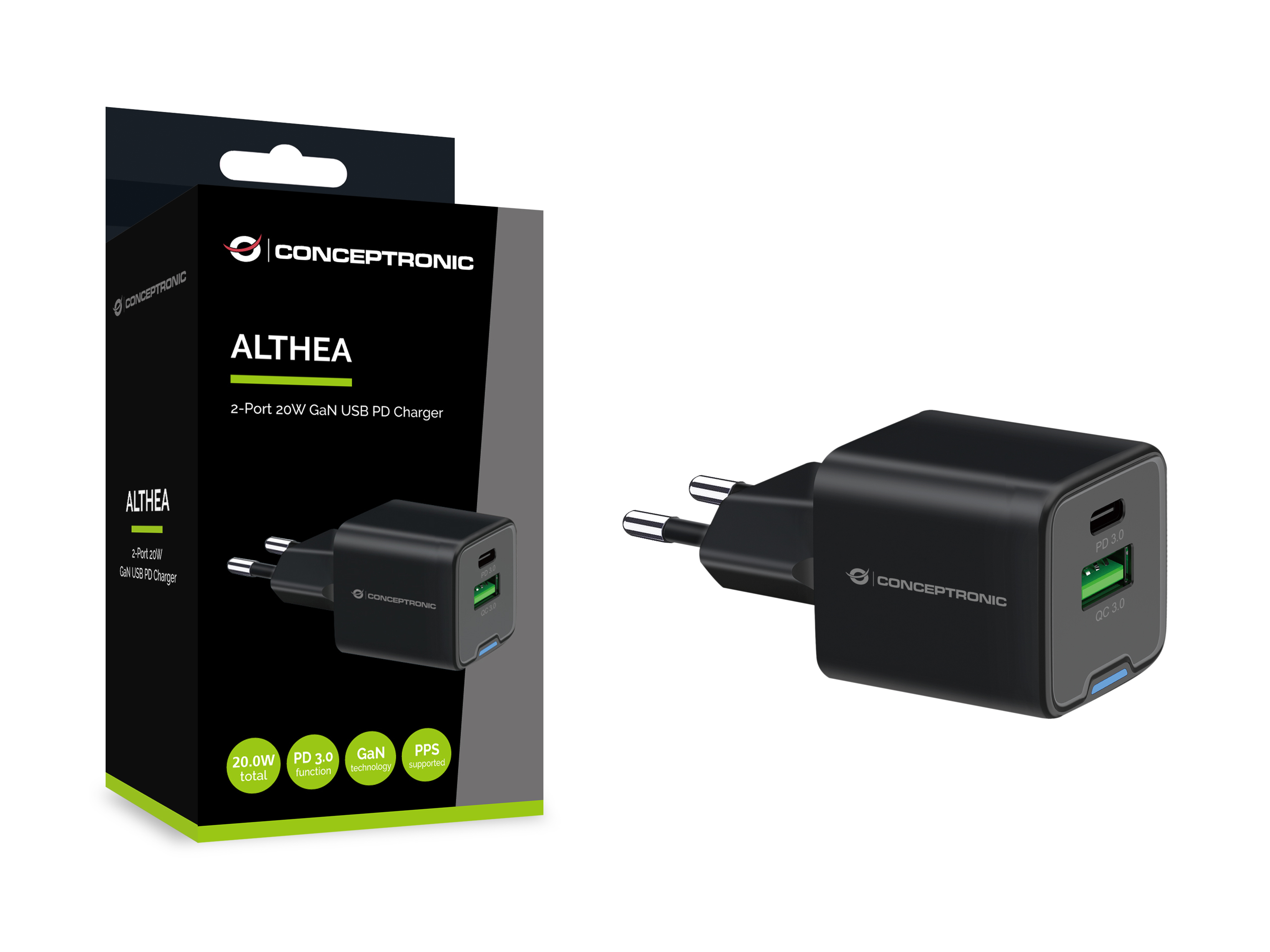 CONCEPTRONIC Ladegerät 2Port GaN USB-C/-A 20WPD3.0/PPS sw