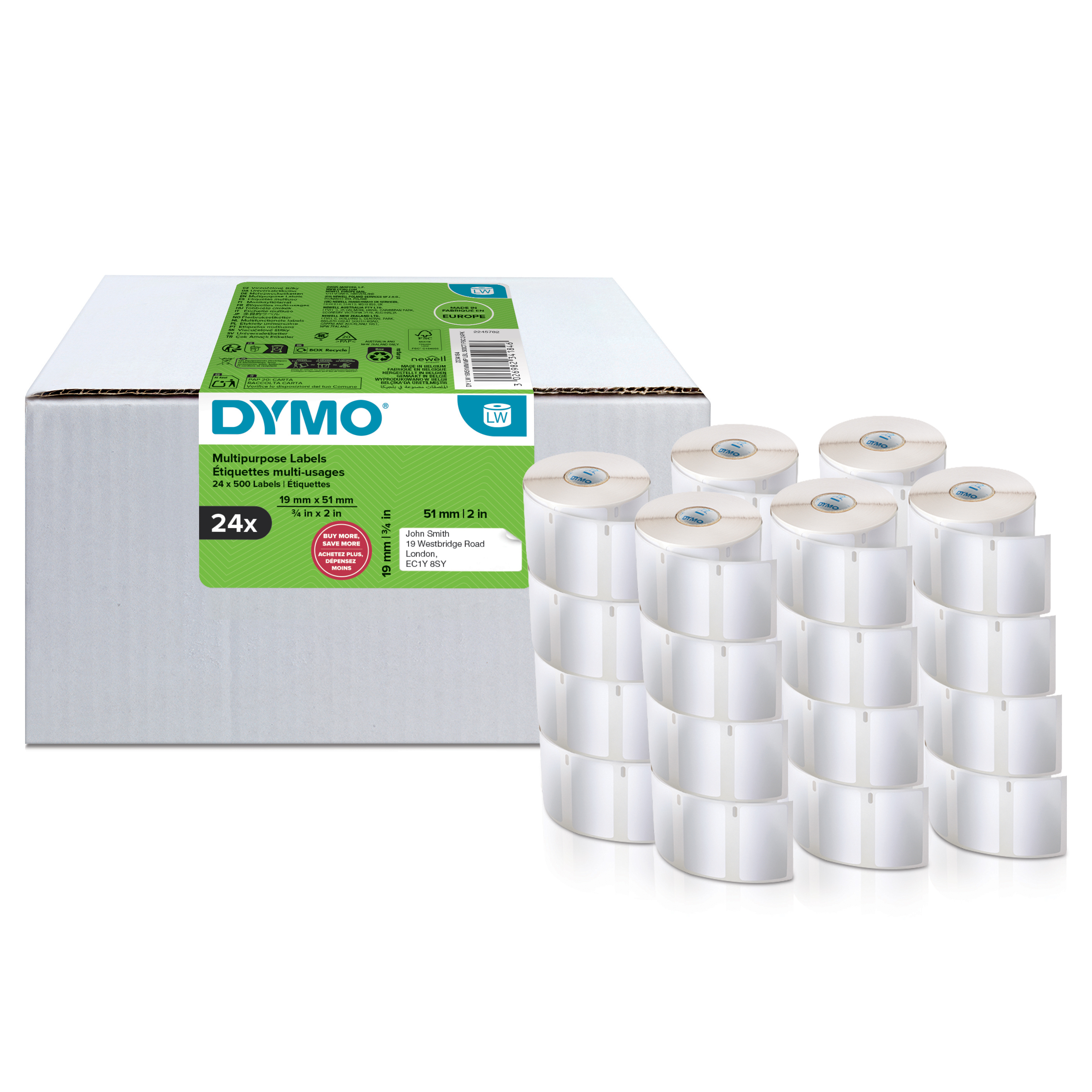 DYMO Etikettenrolle für Etikettendrucker weiß, 51,0 x 19,0 mm, 24 x 500 Etiketten