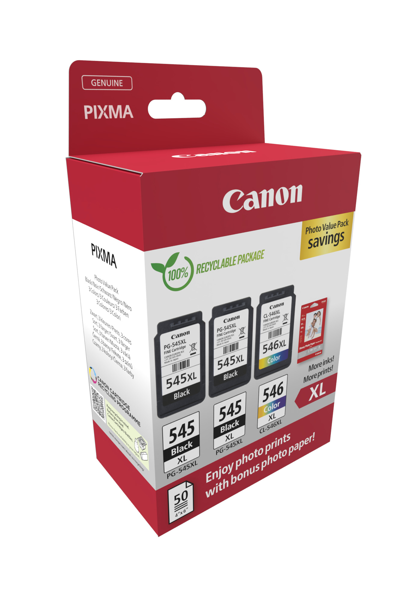 Canon PG-545XLx2/CL-546XL schwarz, color Druckköpfe + Fotopapier, 3er-Set