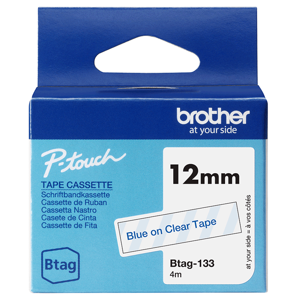 brother Schriftband Btag BTAG133, 12 mm, blau auf transparent, 1 St.