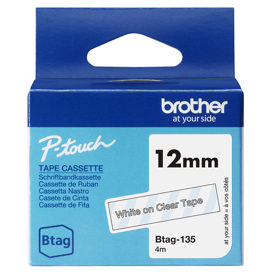 brother Schriftband Btag BTAG135, 12 mm, weiß auf transparent, 1 St.