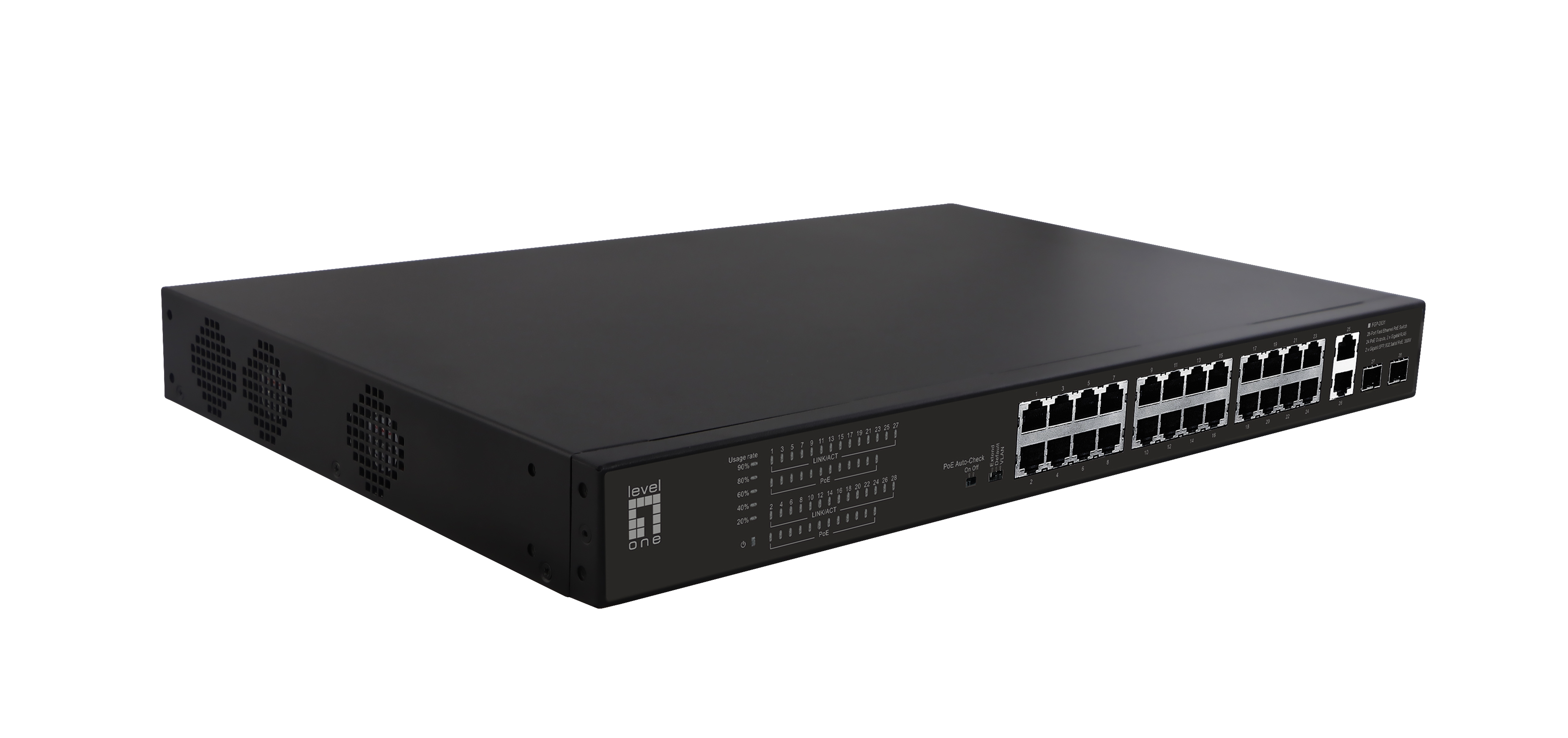 LevelOne PoE+Switch 24xFE PoE/2xGE/2xSFP 390W 19unman.Metal