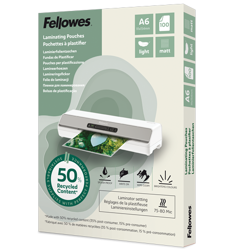 Fellowes Laminierfolien mit 50% recyceltem Anteil matt für A6 75-80 micron, 100 St.