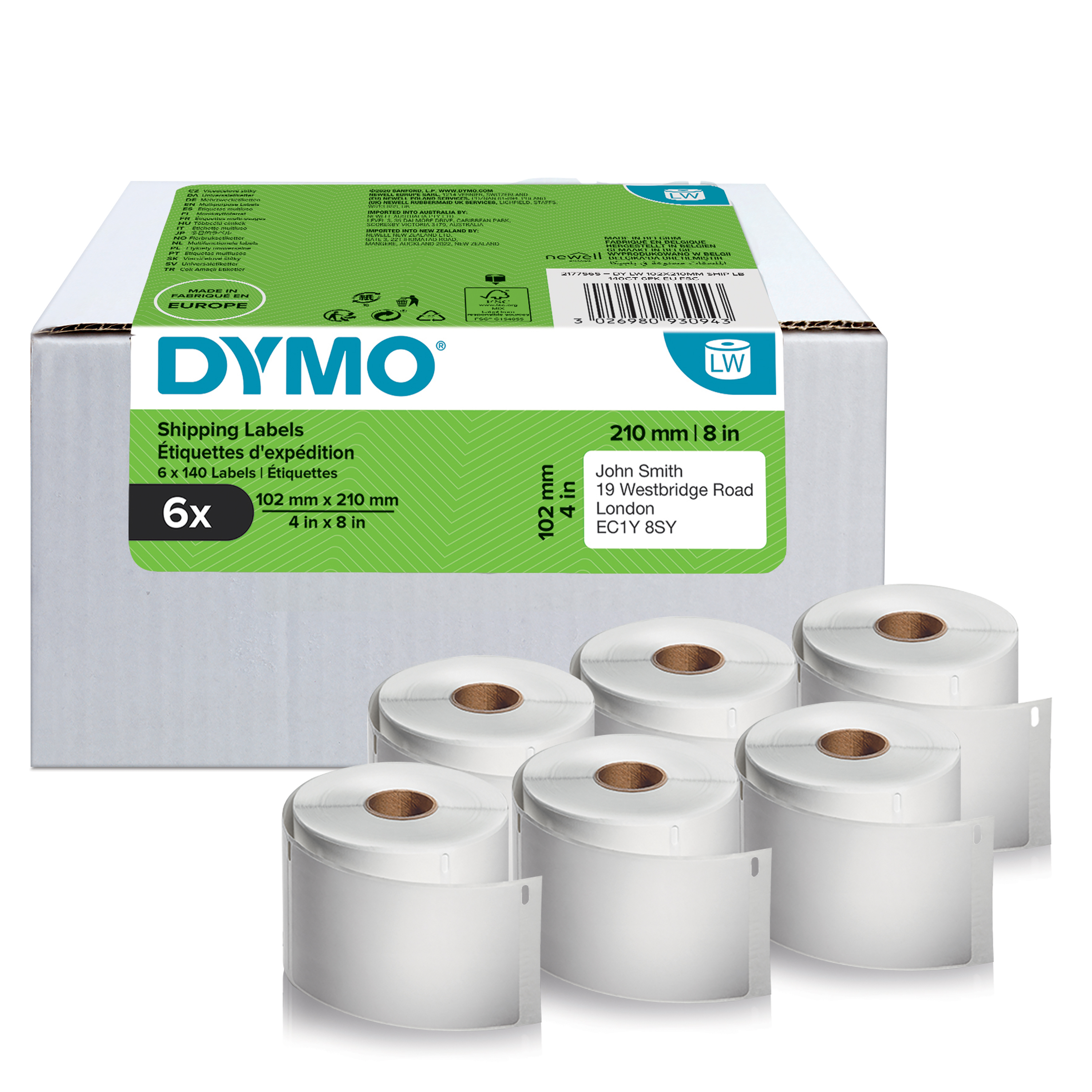 DYMO Etikettenrollen für Etikettendrucker weiß, 102,0 x 210,0 mm, 6 x 140 Etiketten