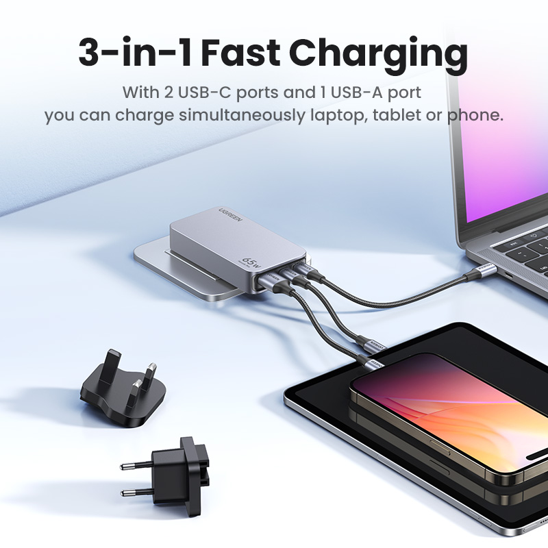 UGREEN Nexode Pro X753 Ultra-Slim GaN Fast Charger 65W Ladegerät 2x USB-C 1x USB-A inkl. EU-, UK- und US-Stecker