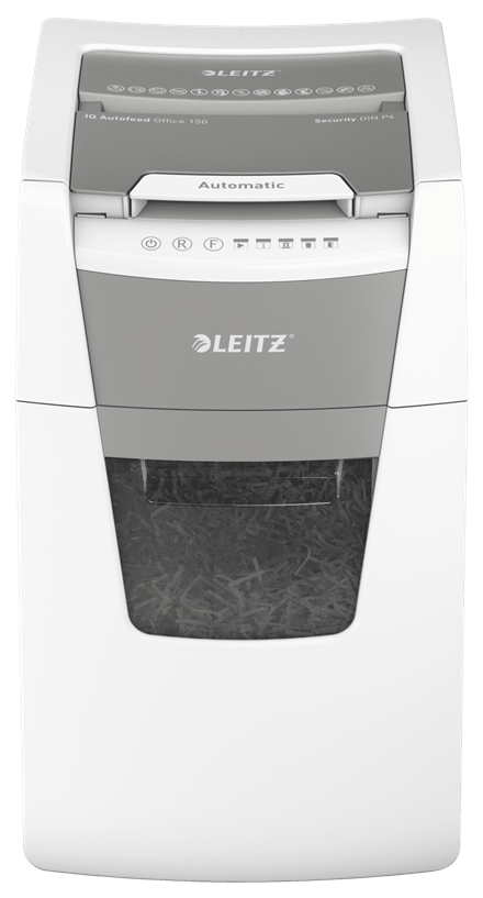 LEITZ IQ Autofeed Small Office 150 Aktenvernichter mit Partikelschnitt P-4, 4 x 28 mm, bis 150 Blatt, weiß