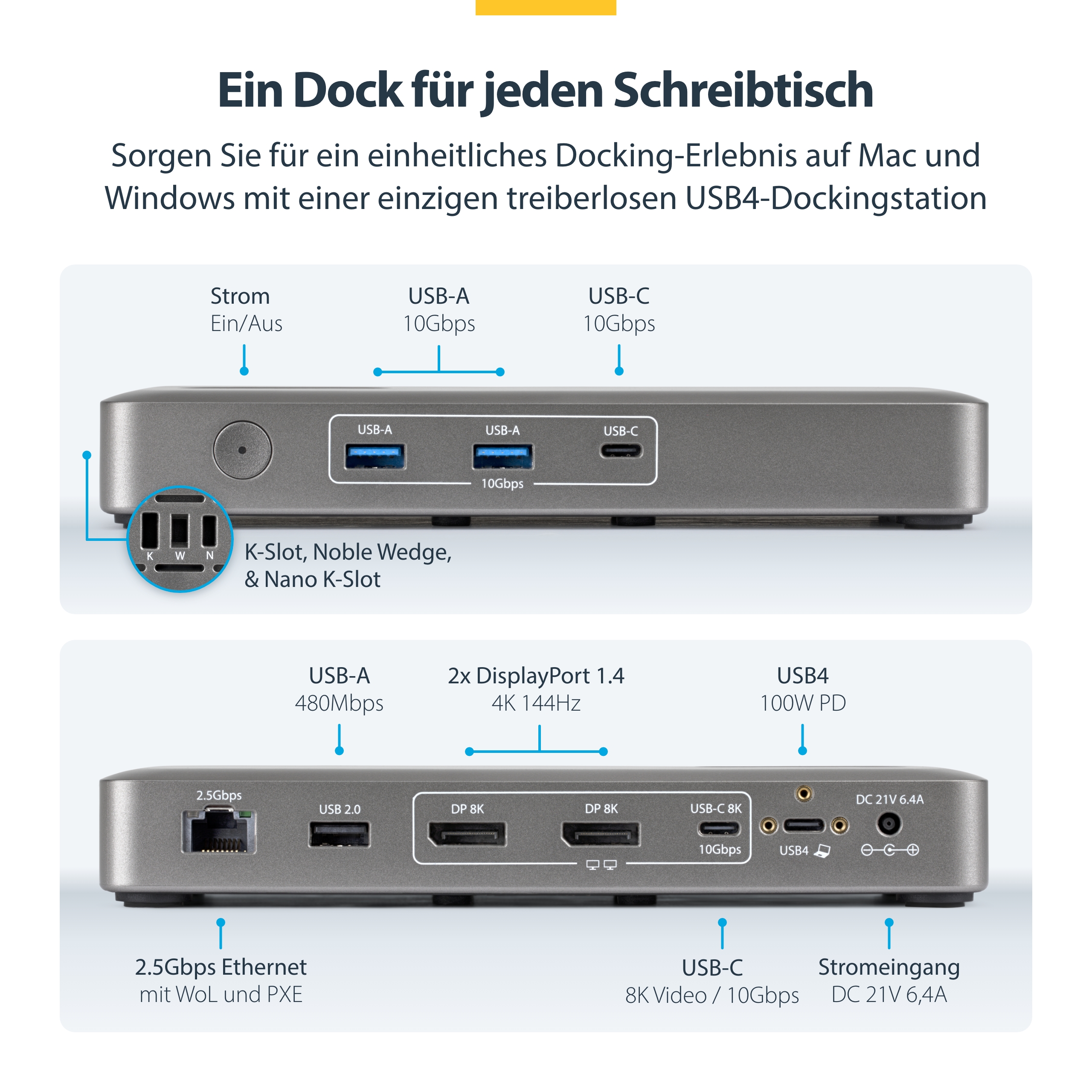 STARTECH.COM USB4 Docking Station Driverless Dual 4K for macOS and Windows Universal USB-C Dock with 100W Laptop Charging