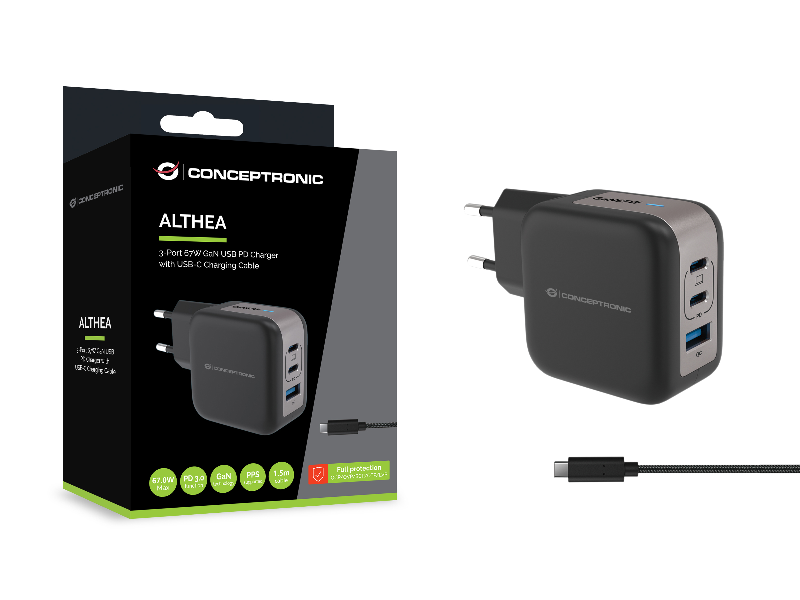 CONCEPTRONIC Ladegerät 3Port GaN 2xUSB-C/1xA 67WPD3.0/PPS sw