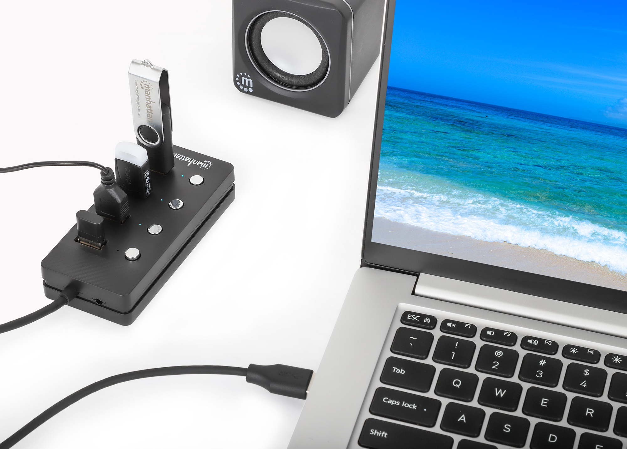 MANHATTAN 4-Port USB 3.0 Hub USB-A-Stecker auf 4x USB-A-Buchsen 5 Gbit/s 1,5 m Kabel Schalter für jeden Port Strom über USB/Netzteil