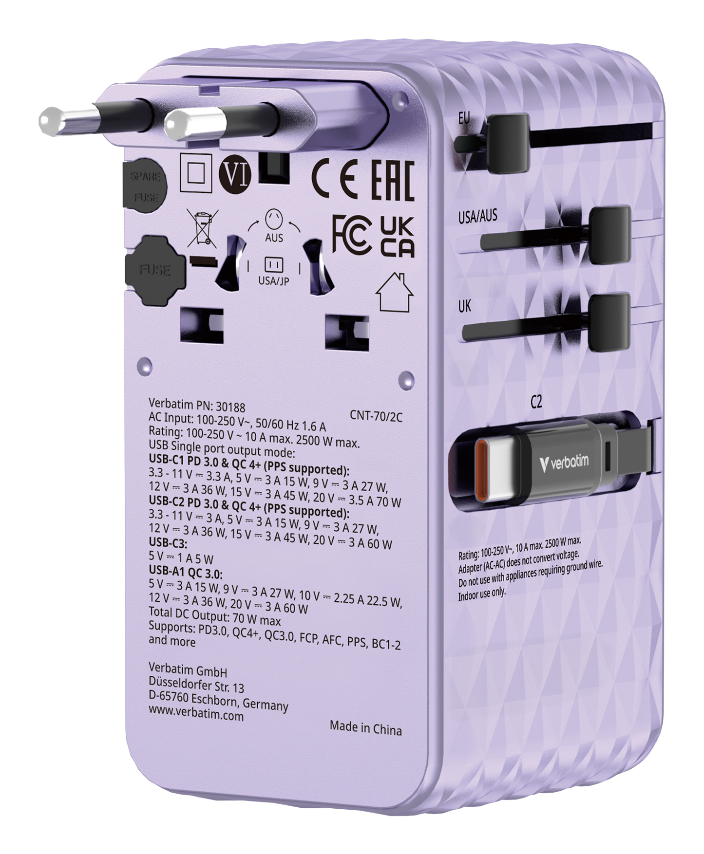 Verbatim Charge'n'Travel Adapter 70W 2C retractable purple