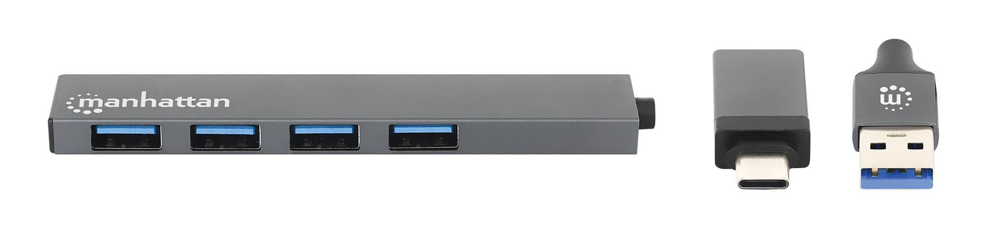 MANHATTAN 4-Port USB 3.0 Typ-C/-A Hub USB-C und USB-A-Stecker auf 4x USB-A-Buchsen 5 Gbit/s USB 3.2 Gen 1 Strom über USB Space Grau