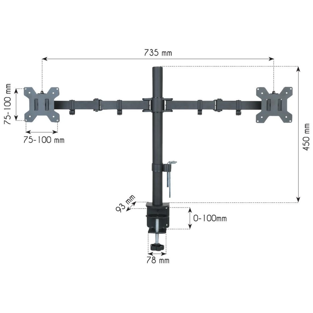 TECHLY Schreibtischhalterung fuer 2 LCD TV LED 38,1cm-68,58cm 15-27Zoll Seite an Seite mit Klemme
