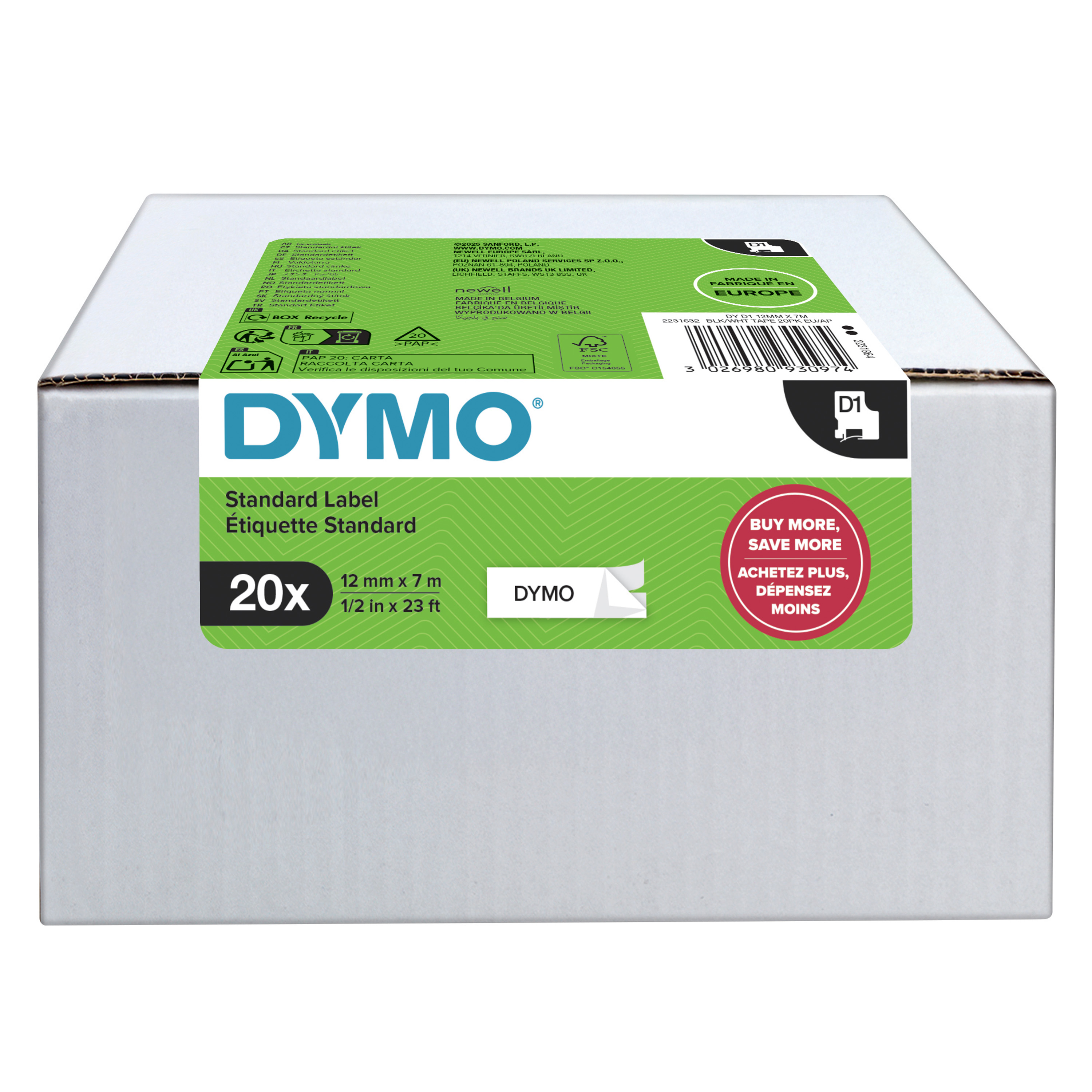 DYMO Schriftbänder D1 45013 2231632, 12 mm, schwarz auf weiß, 20 St.