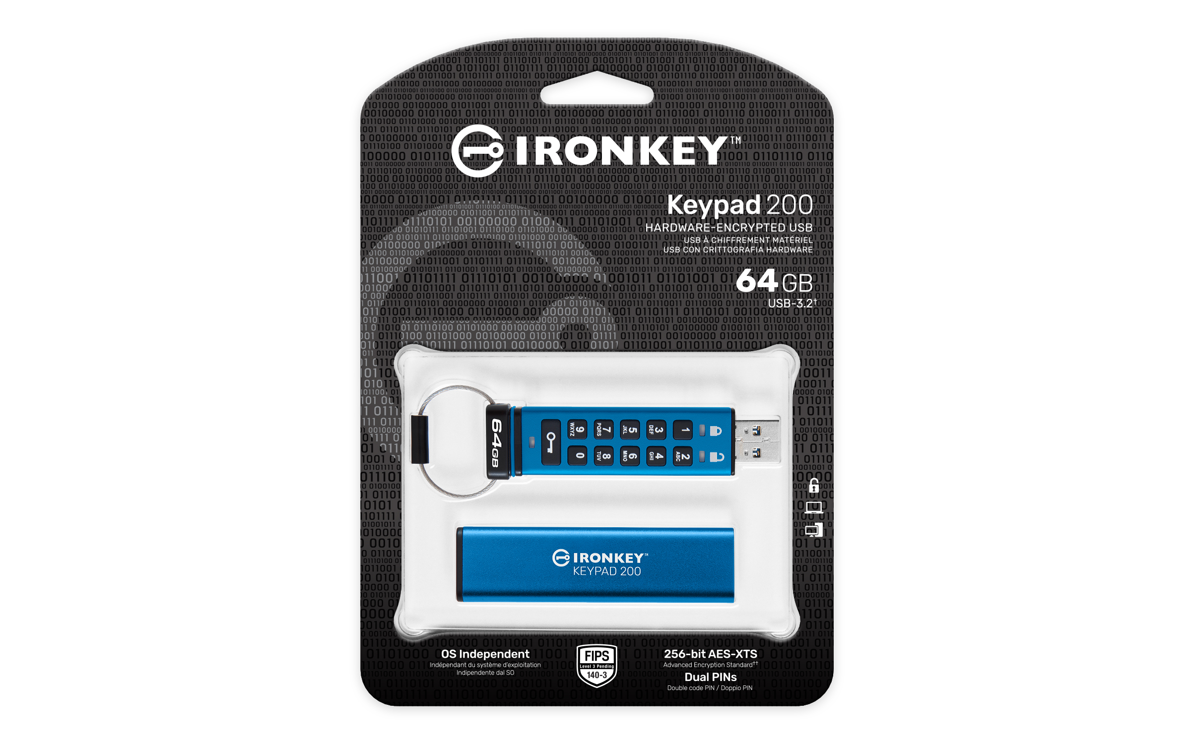 KINGSTON 64GB IronKey Keypad 200 FIPS 140-3 Lvl 3 Pending AES-256 Encrypted