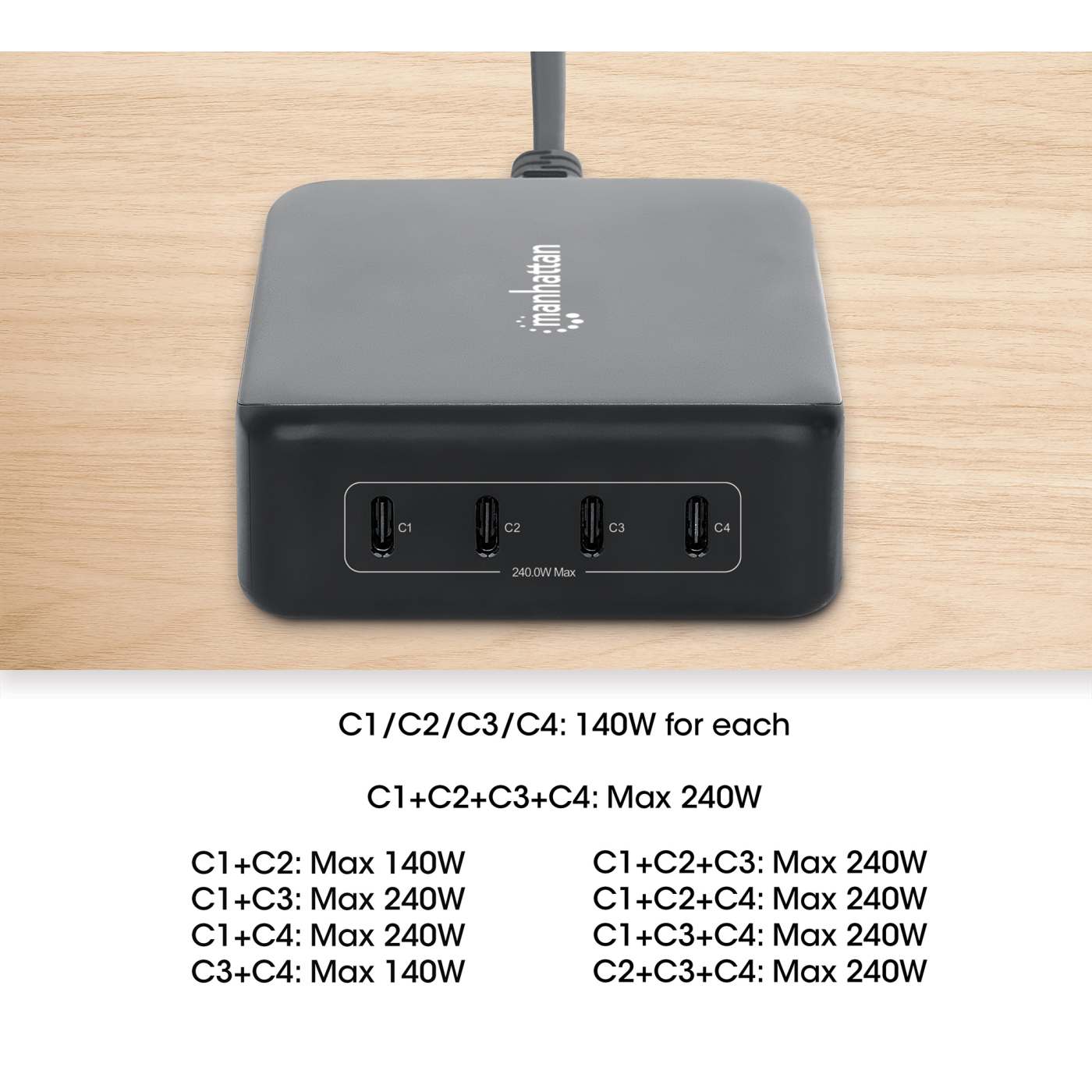 MANHATTAN 4-Port GaN USB Power Delivery-Ladestation PD 3.1 Vier USB-C PD-Ports mit bis zu 140W pro Port 240 W Gesamtleistung schwarz