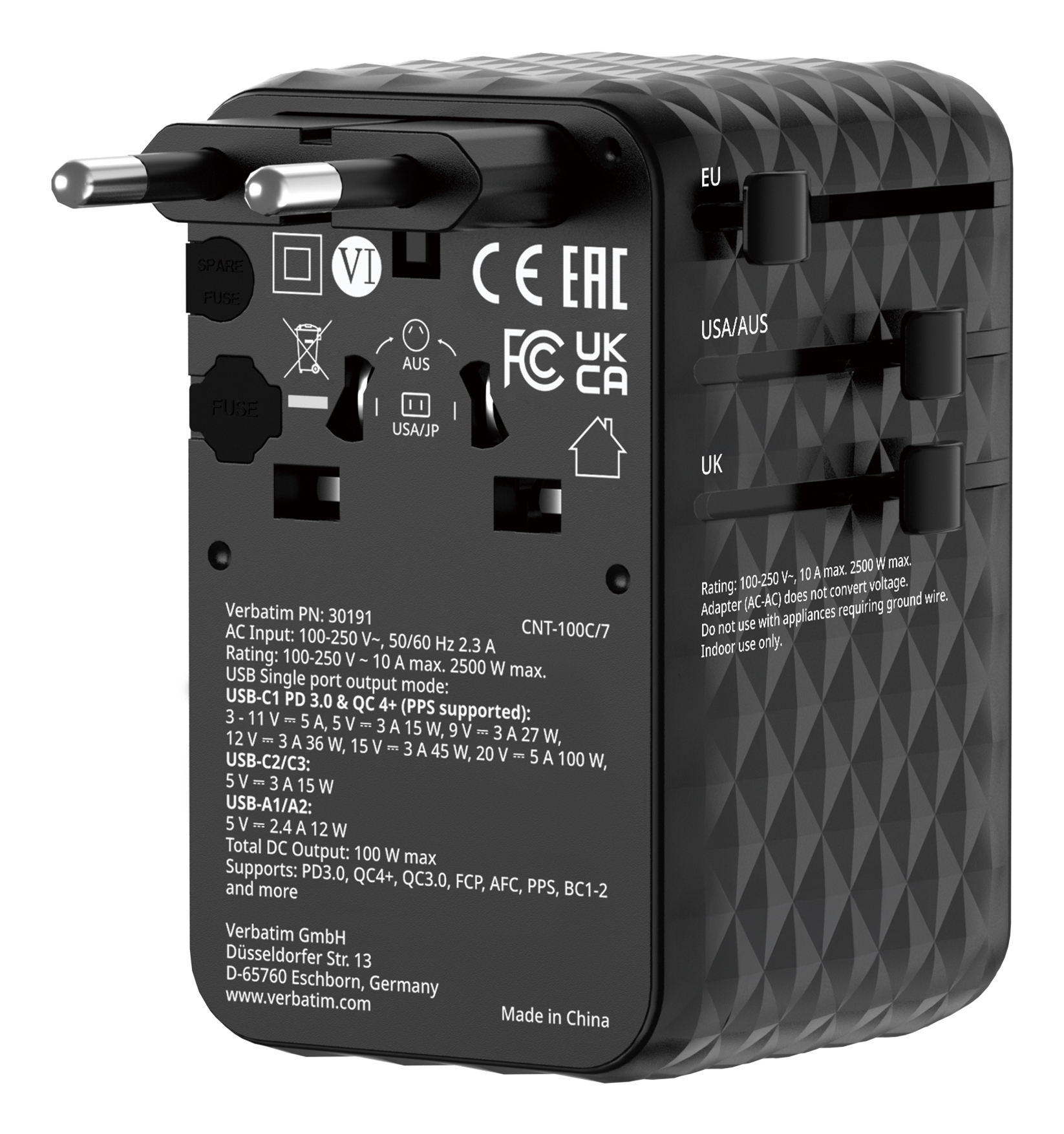 Verbatim Charge'n'Travel Adapter 100W 1C retractable black