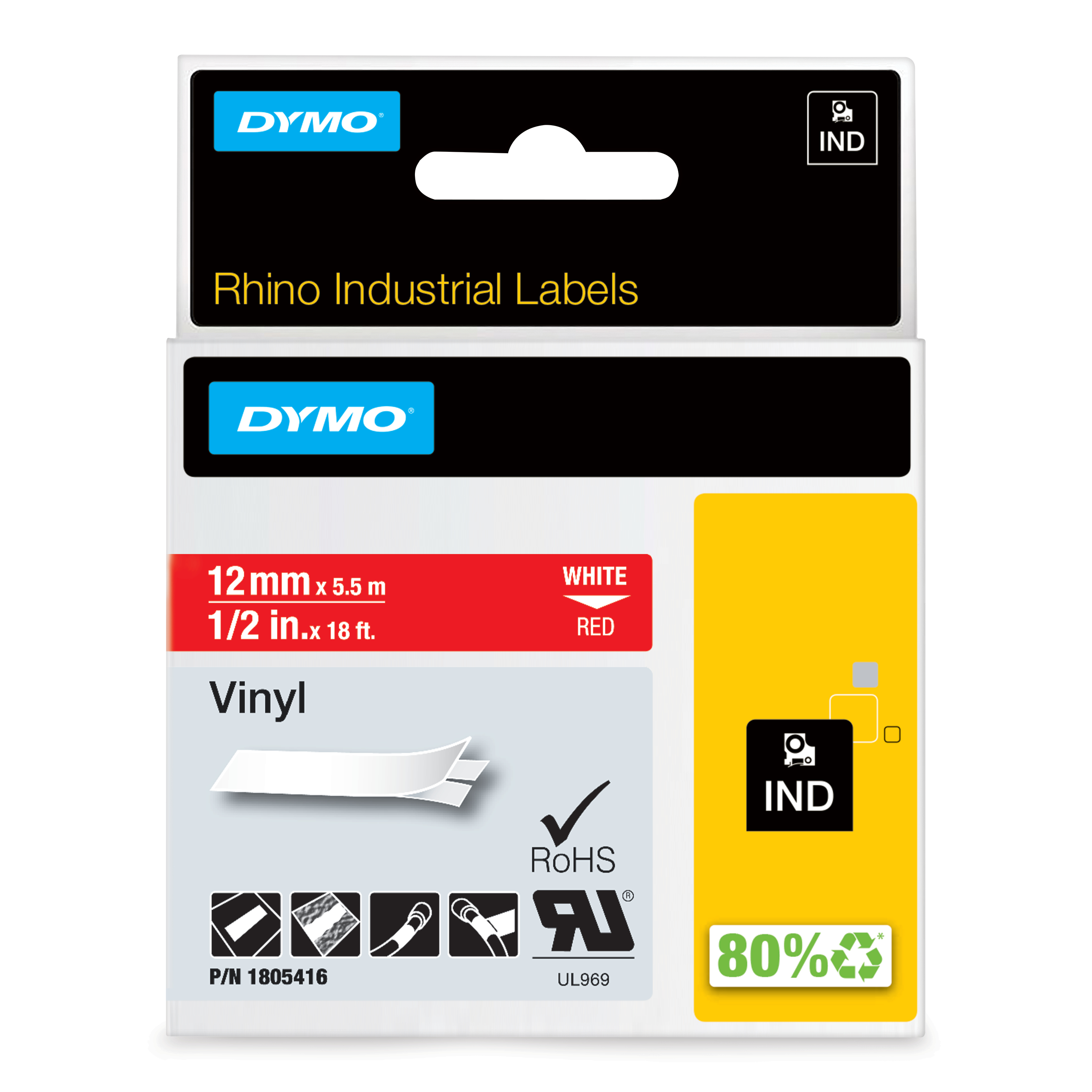 DYMO Schriftband RHINO 1805416, 12 mm, weiß auf rot, 1 St.