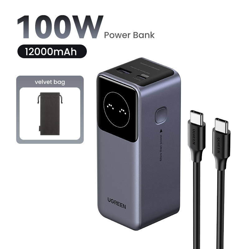 UGREEN Nexode PB724 Powerbank 12.000mAh 100W 1x USB-C PD 3.0 1x USB-A LCD Display Flugzeug zugelassen