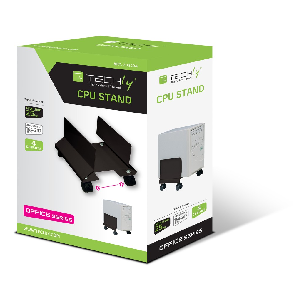 TECHLY Rollwagen fuer PC Desktop Computer Stahl bis 25 kg mit Bremse schwarz