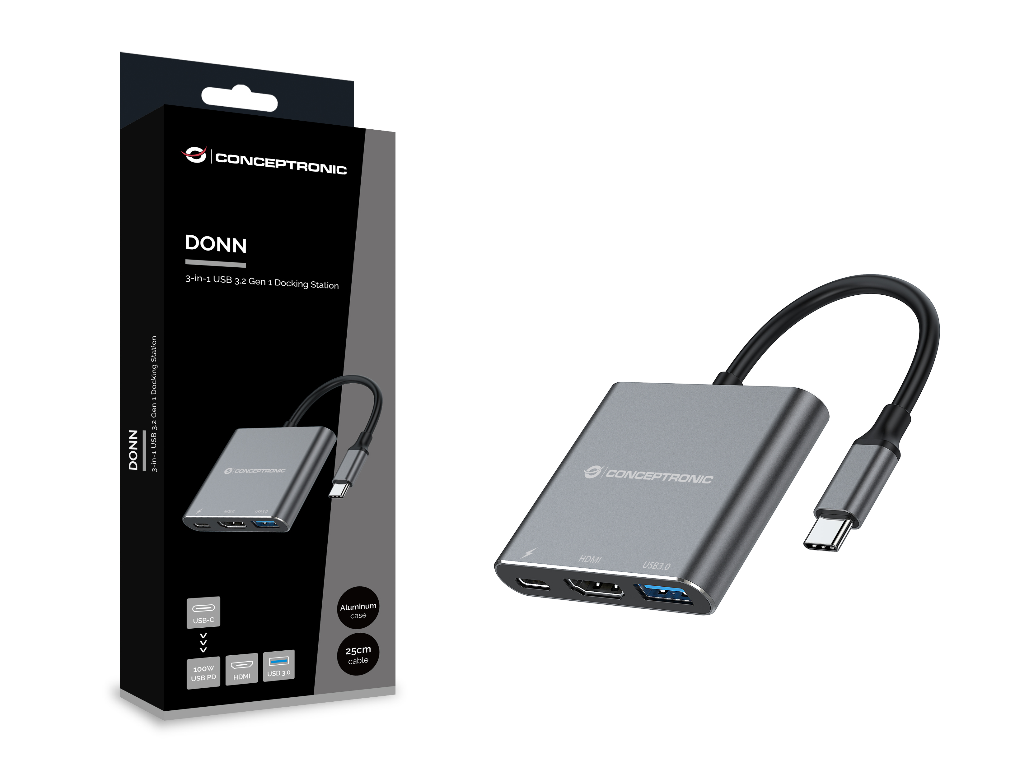 CONCEPTRONIC 3-1 Dock USB-C->HDMI/USB-A/100WPD 25cm gr