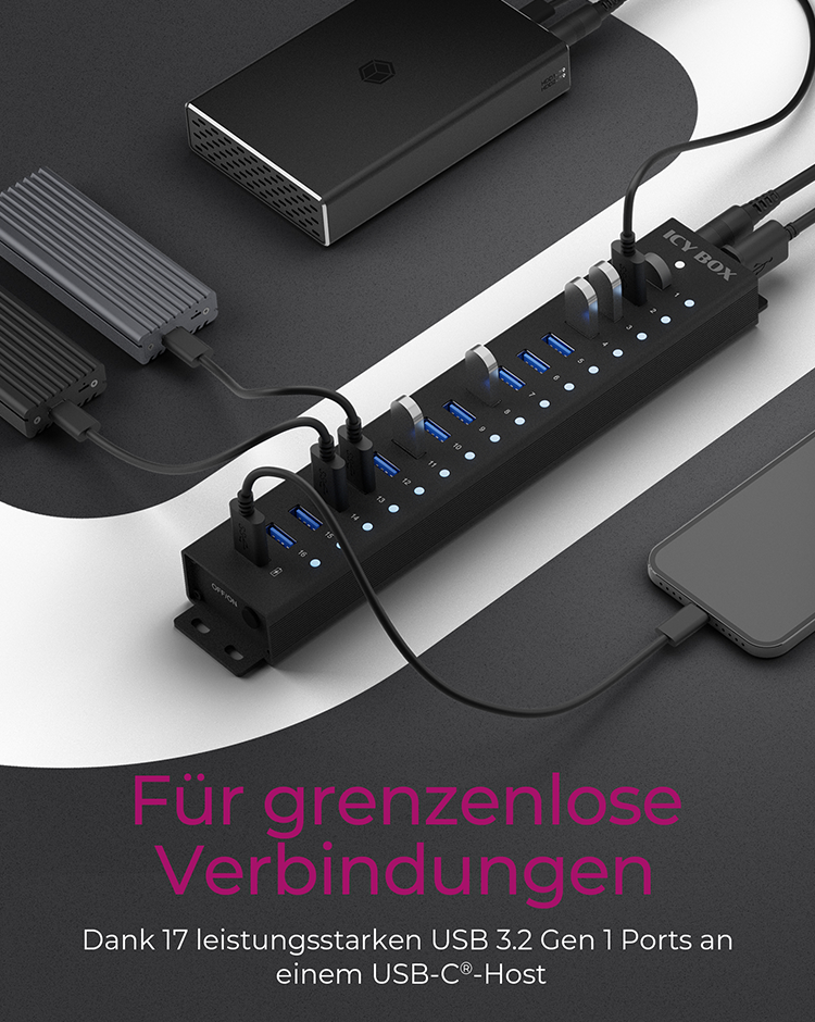 Hub 16+1 Port USB IcyBox 16x USB; 1x USB Laden USB3.2 Gen1 retail