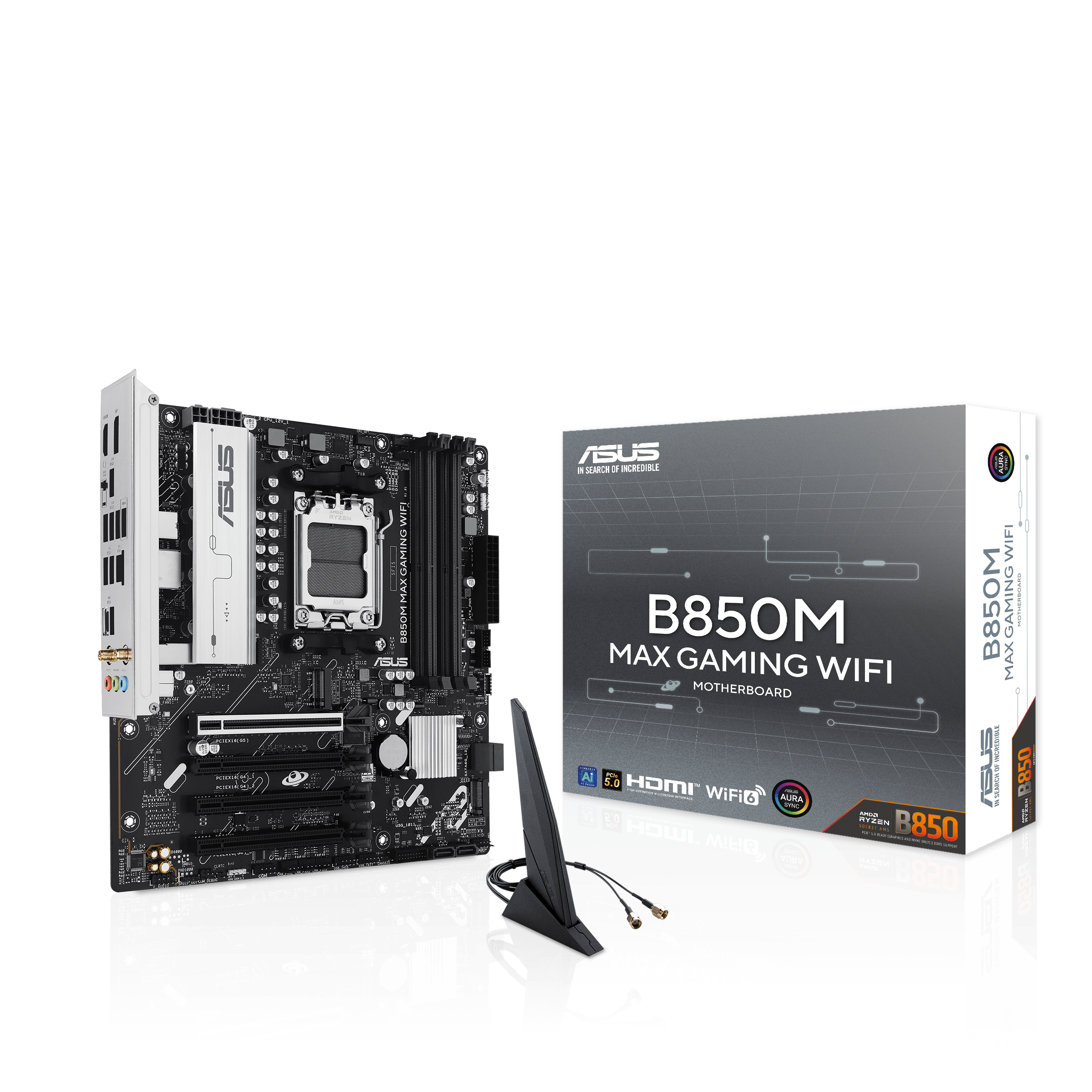 ASUS B850M MAX GAMING WIFI AMD AM5 mATX motherboard 4xDDR5 PCIe 5.0 3xM.2 1xHDMI 1xDisplayPort 4xSATA