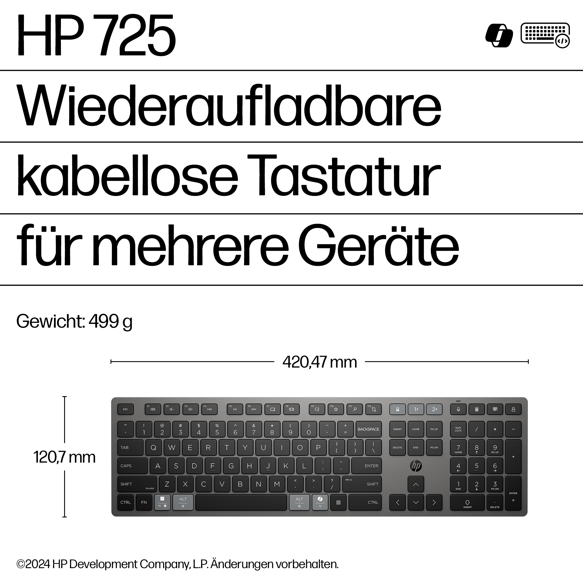 HP 725 Multi-Device Rechargeable Wireless Keyboard Tastatur kabellos(DE)