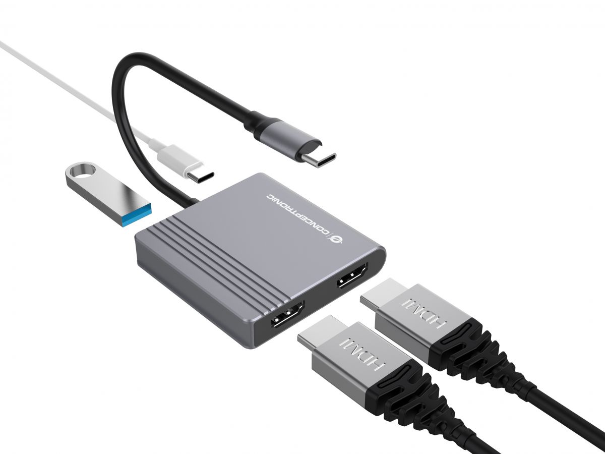 CONCEPTRONIC 4-1 Dock USB-C->2xHDMI/USB-A/100WPD 25cm gr