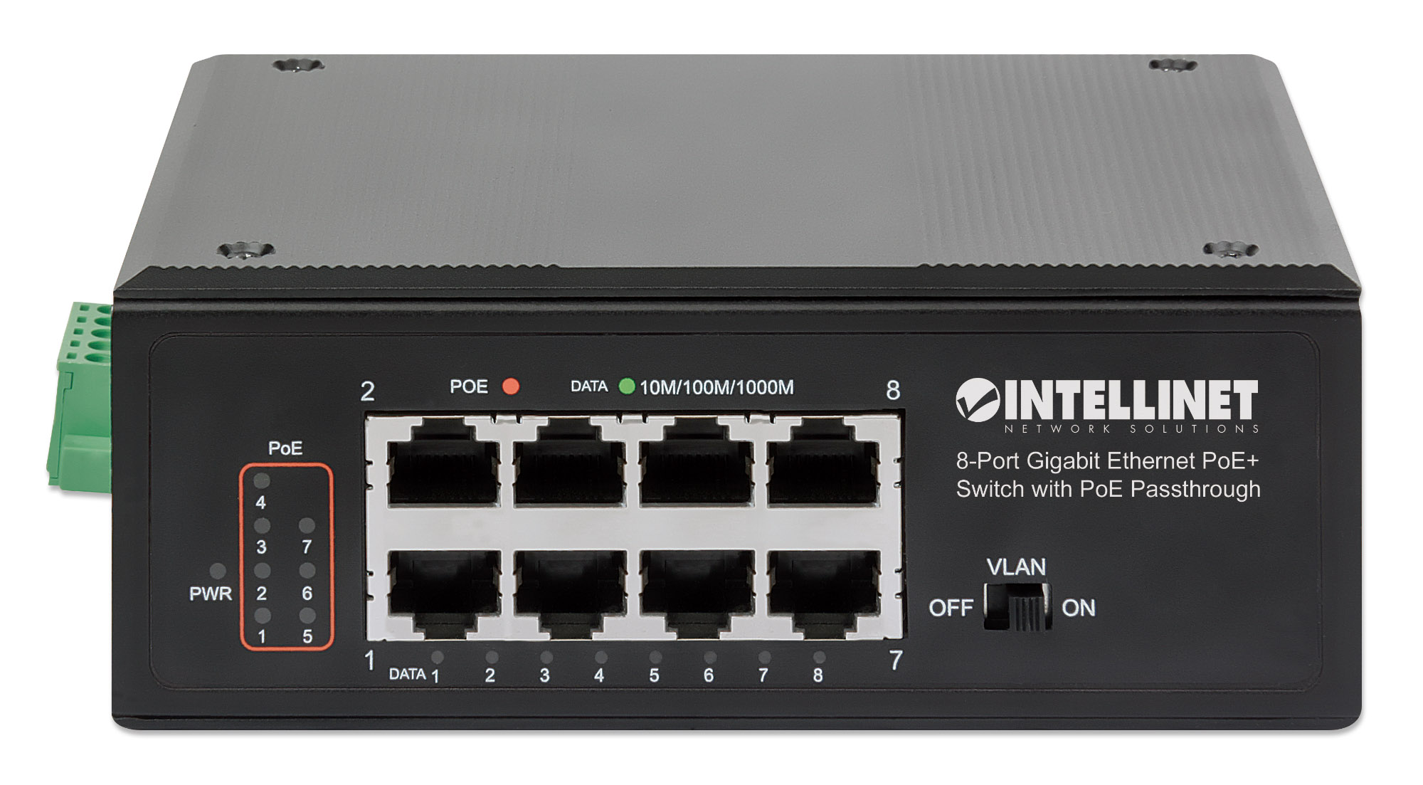 INTELLINET 8-Port PoE+ Gb Switch PoE-Passthrough 1xPD PoE 95W Eingangsstrom 7x PSE PoE Strombudget bis 120W DIN-Hutschienenmontage