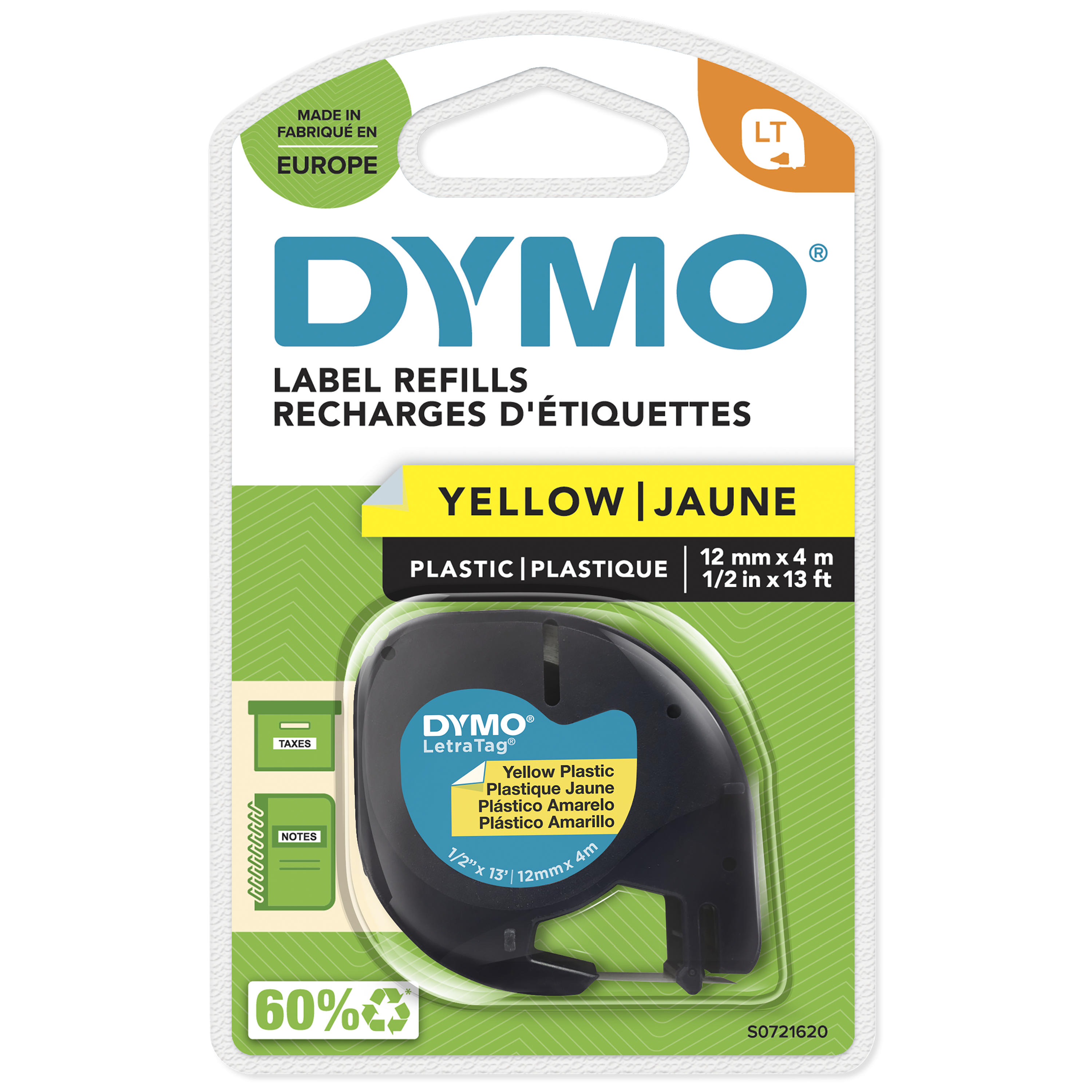 DYMO Schriftband LetraTag 91222 S0721620, 12 mm, schwarz auf gelb, 1 St.