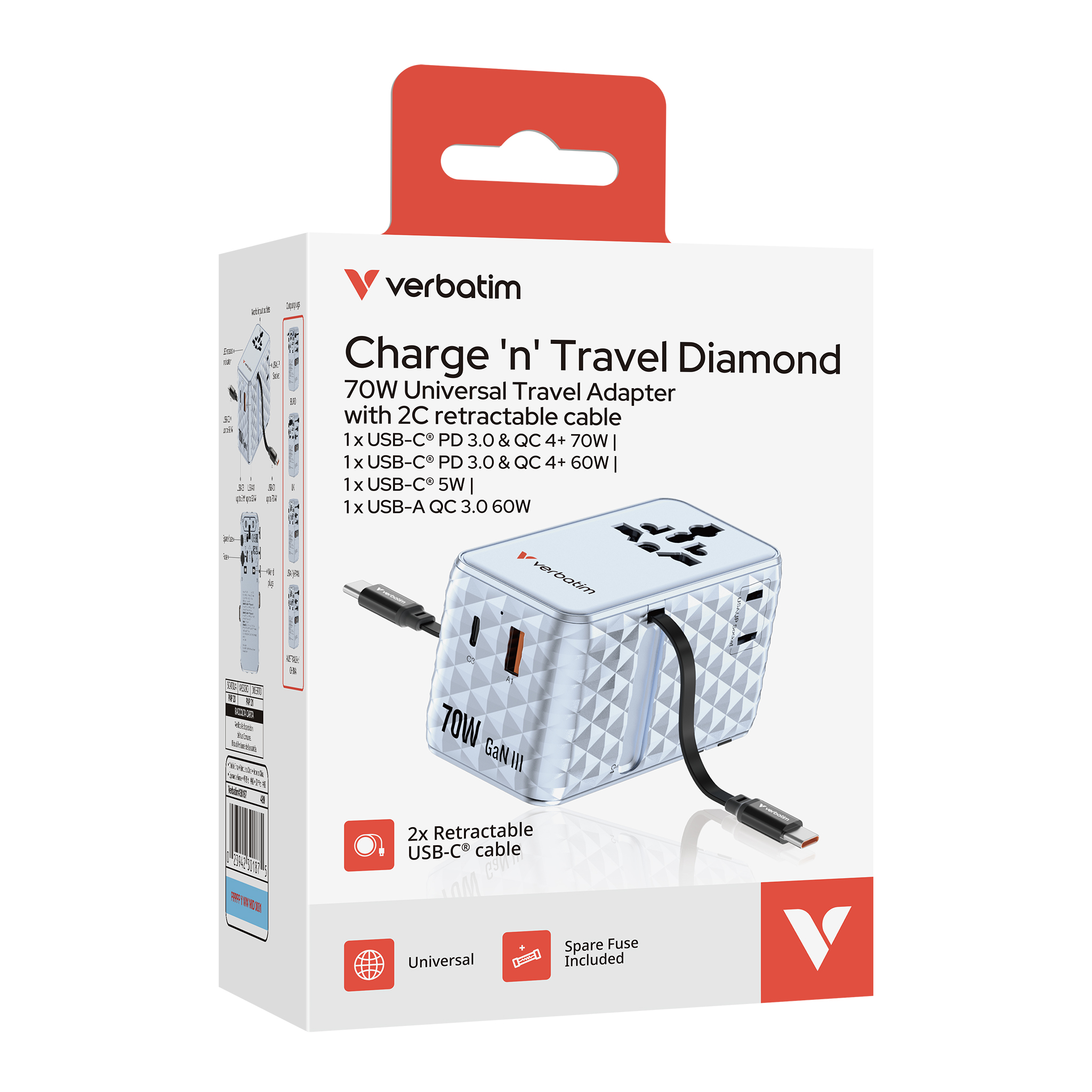 Verbatim Charge'n'Travel Adapter 70W 2C retractable blue