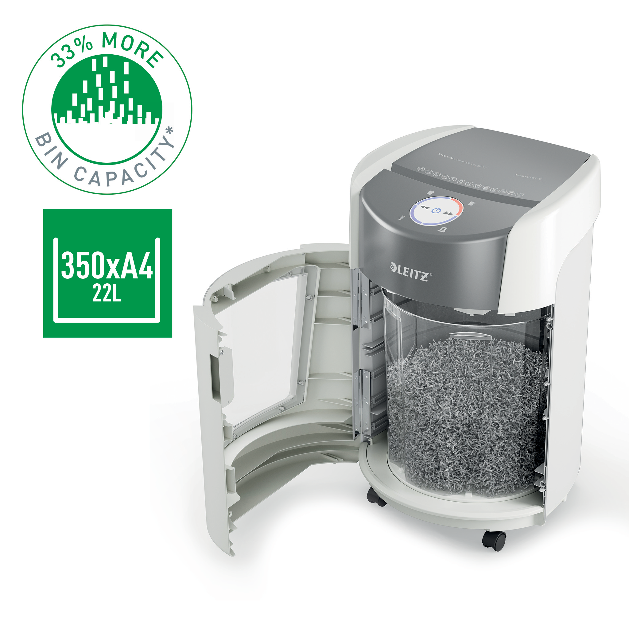 LEITZ IQ OptiMax Small Office 350 Aktenvernichter mit Partikelschnitt P-5, 2 x15 mm, bis 8 Blatt, weiß