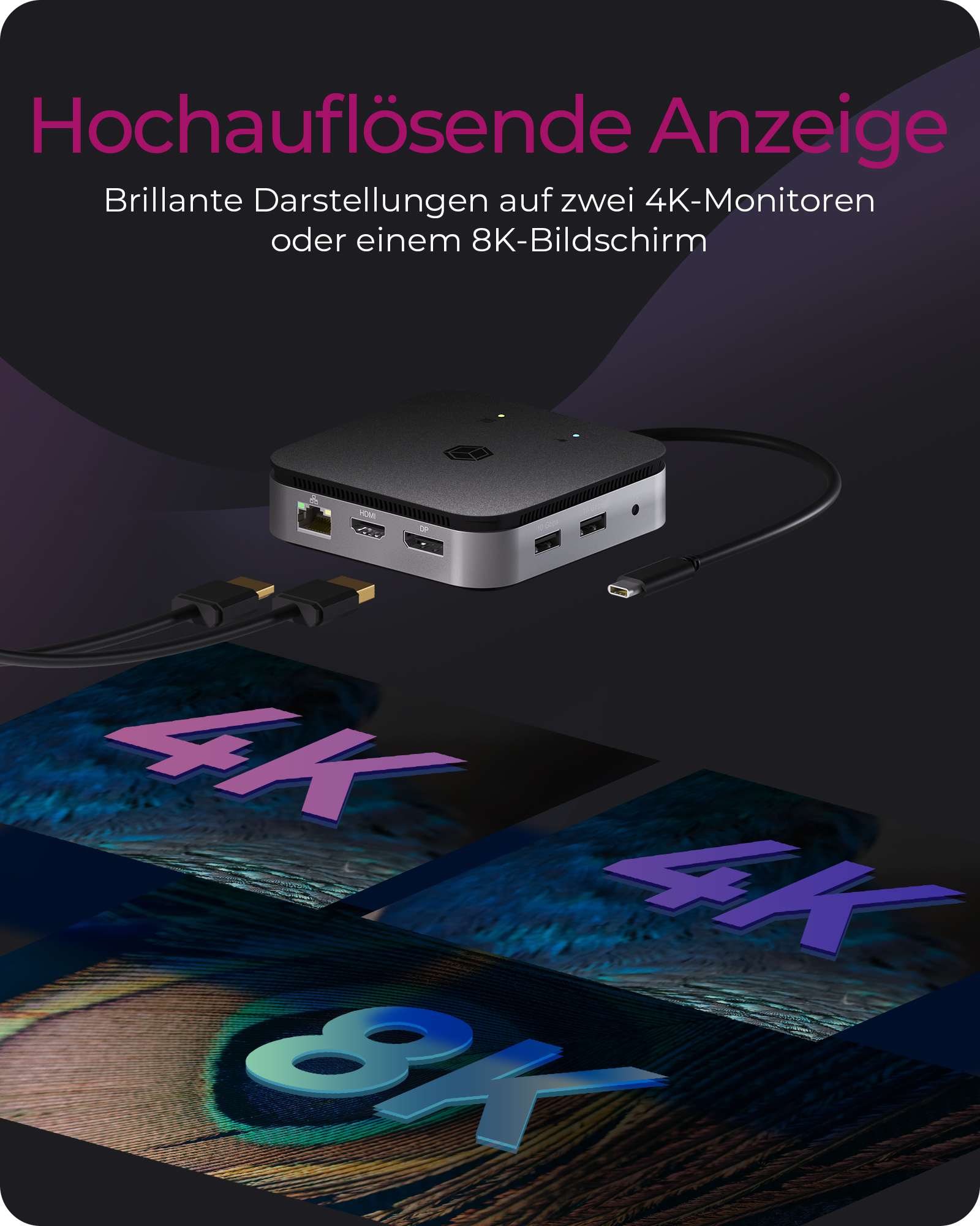 Dockingstation IcyBox USB 3.2 Type-C mit 2-fach Videoausgabe retail