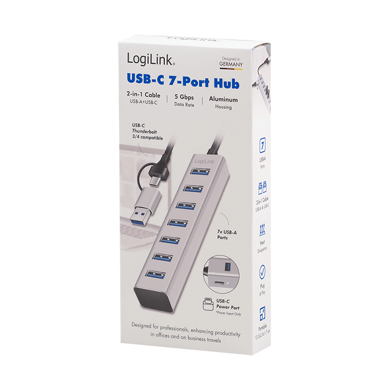 Logilink USB 3.0 HUB, 7-Ports, 7x USB-A, 5 Gbit/s, silber