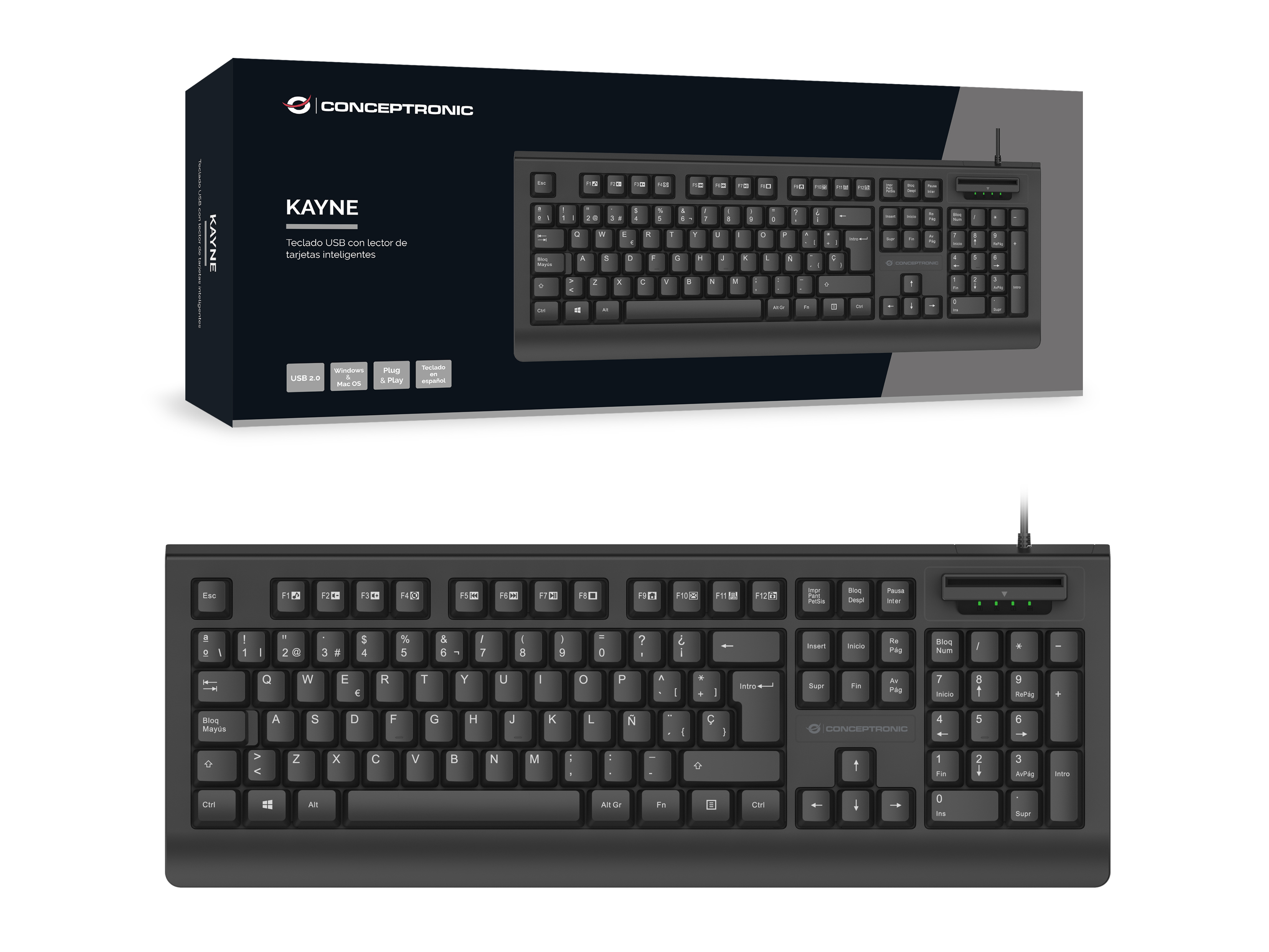 CONCEPTRONIC USB Tastatur +Smart ID-Kartenleser Layout ES sw