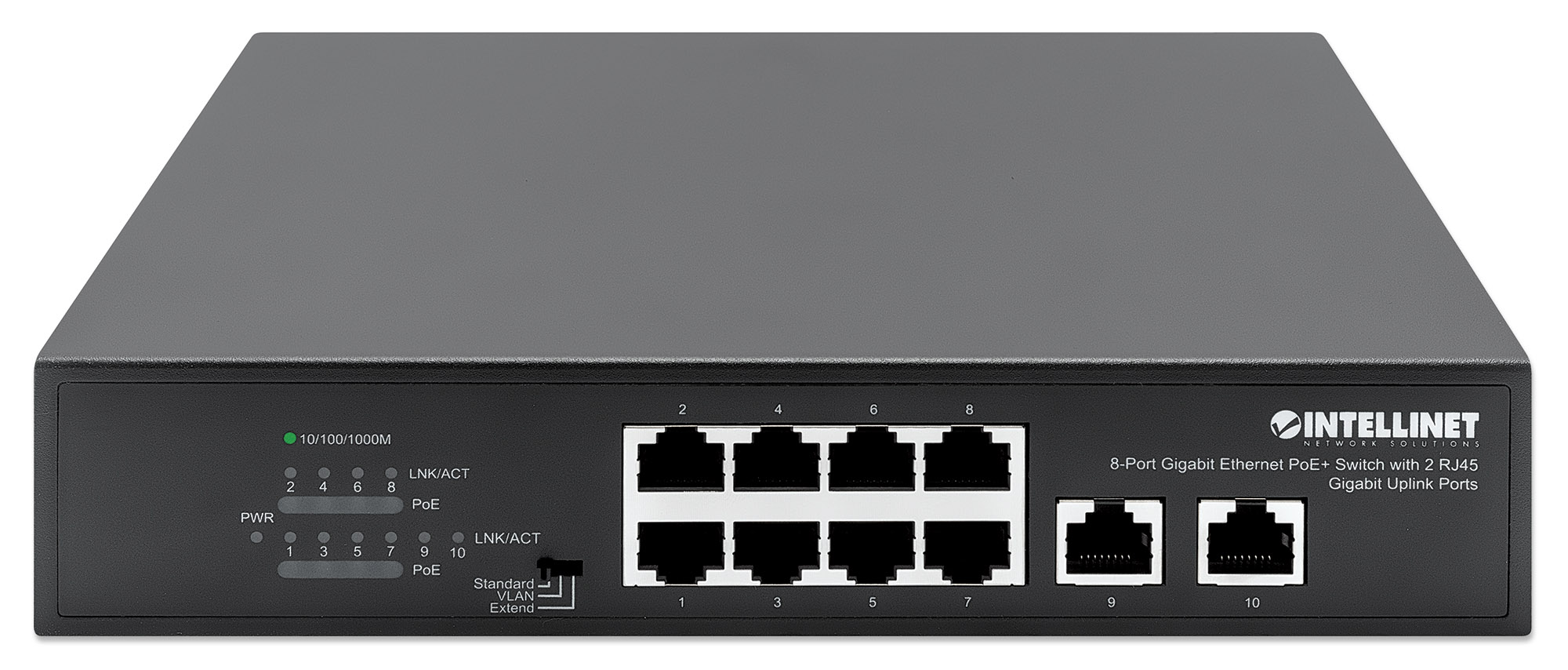 INTELLINET 8-Port Gigabit Ethernet PoE+ Switch mit 2 RJ45 Gigabit Uplink-Ports IEEE 802.3at/af PoE+/PoE-konform 120W Endspan Desktop