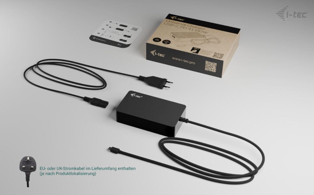 I-TEC Universal Charger USB-C PD 3.1 140W 1x USB-C port 100W verfuegbare Spannungen 5 V / 9 V / 12 V / 15 V / 20 V / 28 V