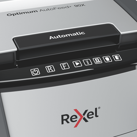 Rexel Optimum AutoFeed+ 90X Aktenvernichter mit Partikelschnitt P-4, 4 x 28 mm, bis 90 Blatt, schwarz