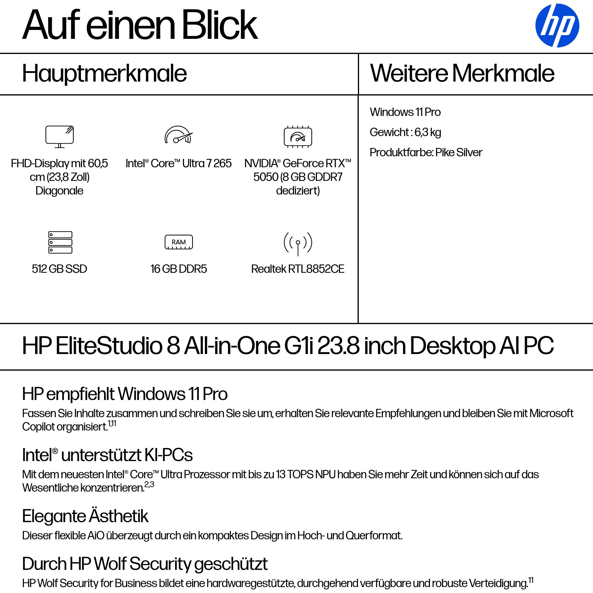 ELITE STUDIO 8 AIO G1I U7-265 16G 512G W11P WIFI6E 23.8FHD NT