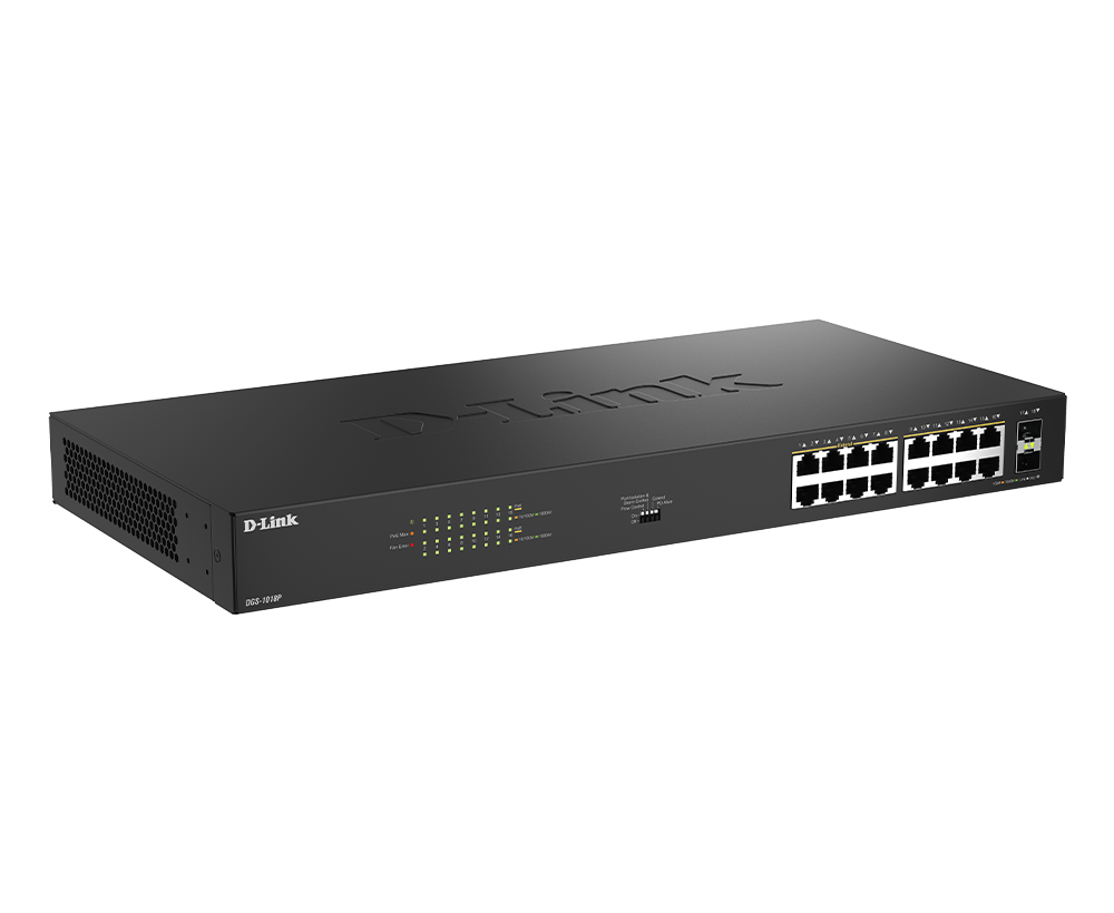 D-LINK DGS-1018P 18-Port Gigabit PoE+ unmanaged Switch 16x Gbit PoE 2x Gbit SFP uplink Port PoE Budget 240W