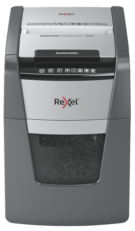 Rexel Optimum AutoFeed+100X Aktenvernichter mit Partikelschnitt P-4, 4 x 28 mm, bis 100 Blatt, schwarz