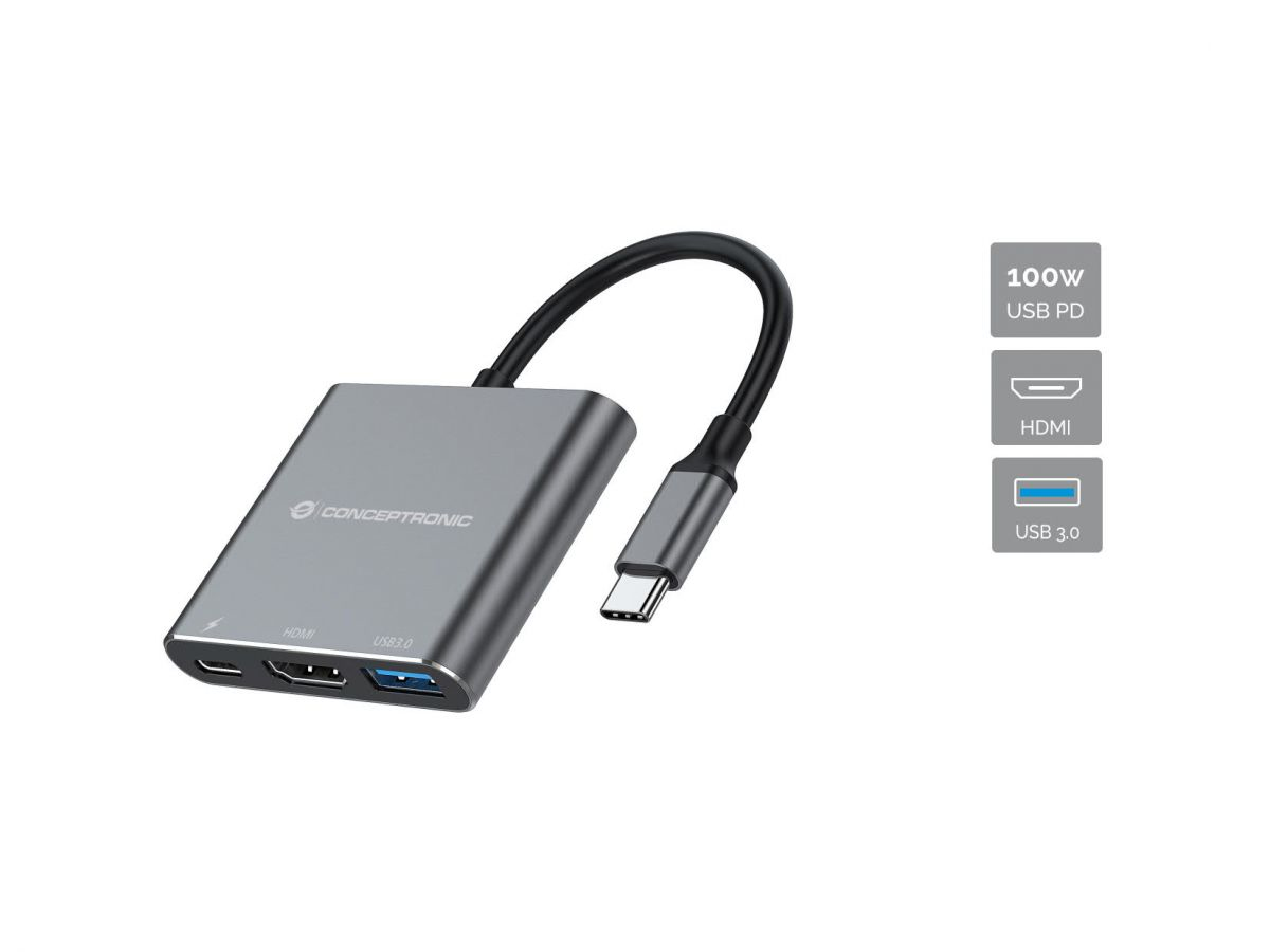 CONCEPTRONIC 3-1 Dock USB-C->HDMI/USB-A/100WPD 25cm gr