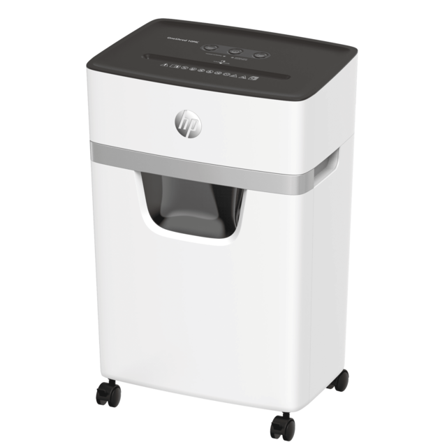 HP OneShred 10MC Aktenvernichter mit Partikelschnitt P-5, 2 x 15 mm, bis 10 Blatt, weiß