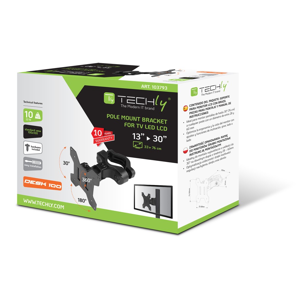 TECHLY Masthalter schwarz fuer 1 LCD TV 33,02cm bis 76,20cm Tragklast bis 10Kg Neigbar Schwenkbar und Drehbar