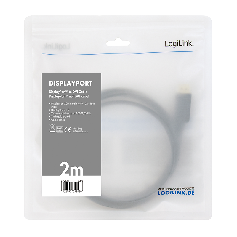 Logilink DisplayPort-Kabel DP 1.2 zu DVI 1.2 2,0m schwarz