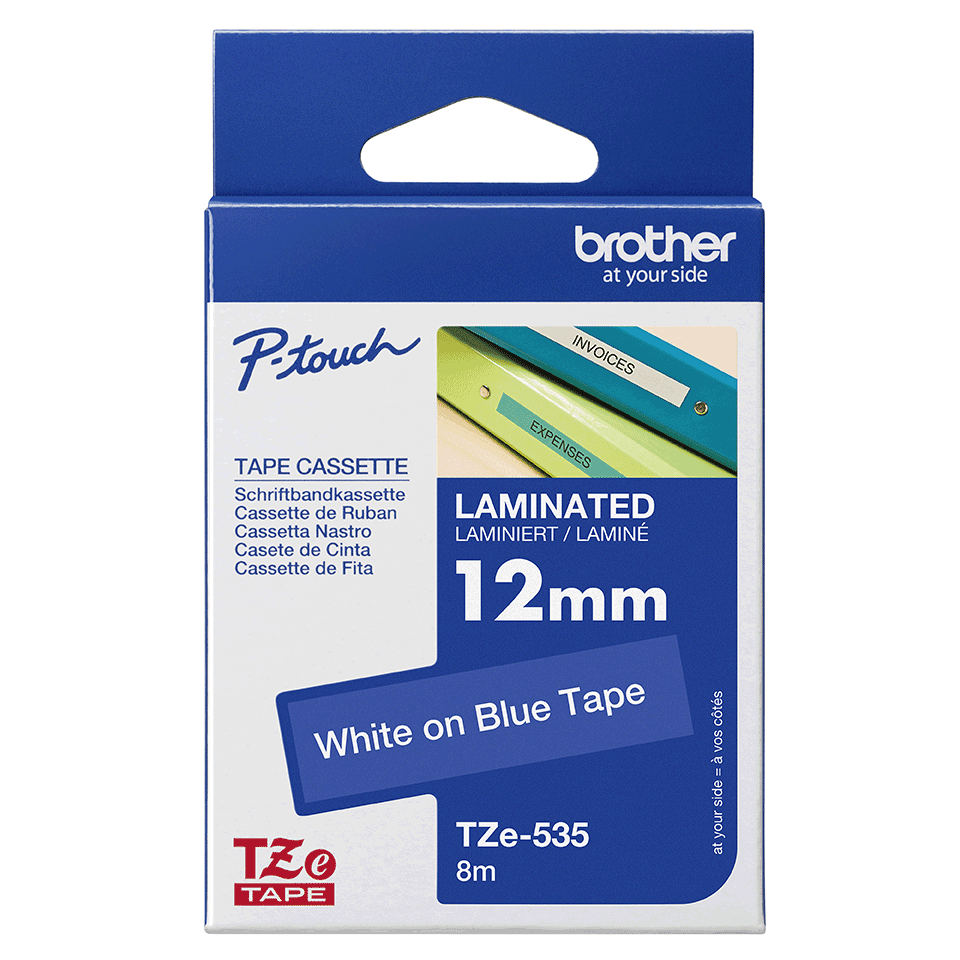 TZE-535 TAPE 12 MM - LAMINATED 8M WHITE ON BLUE