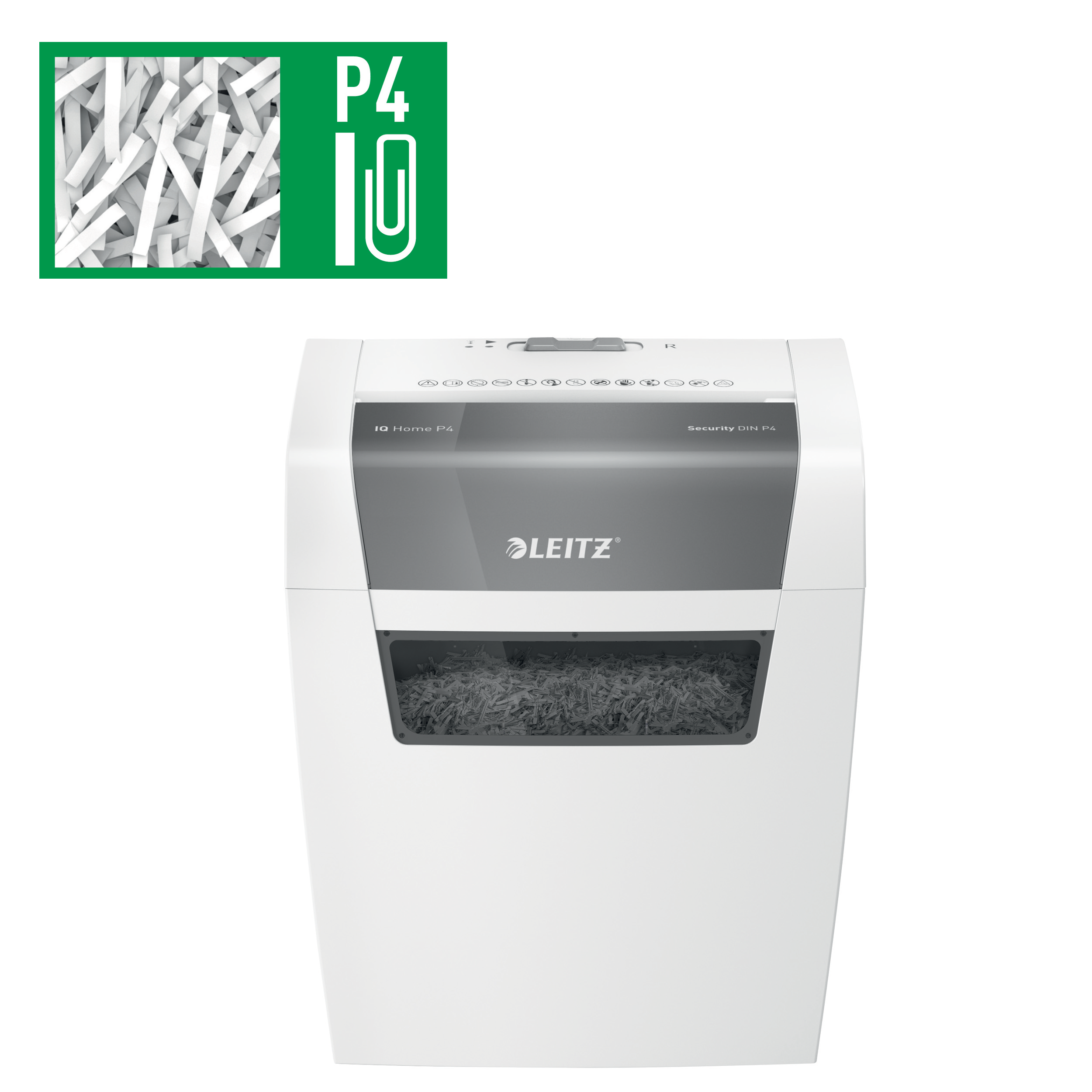 LEITZ IQ Home Aktenvernichter mit Partikelschnitt P-4, 4 x 28 mm, bis 6 Blatt, weiß