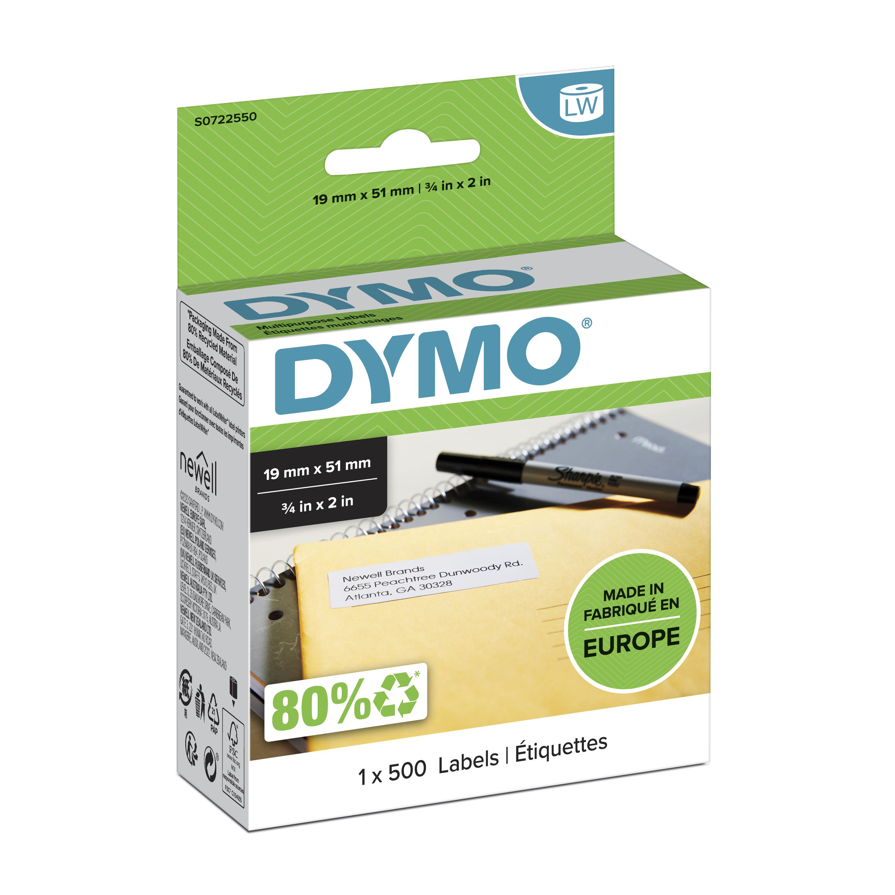 DYMO Etikettenrolle für Etikettendrucker S0722550 weiß, 51,0 x 19,0 mm, 1 x 500 Etiketten